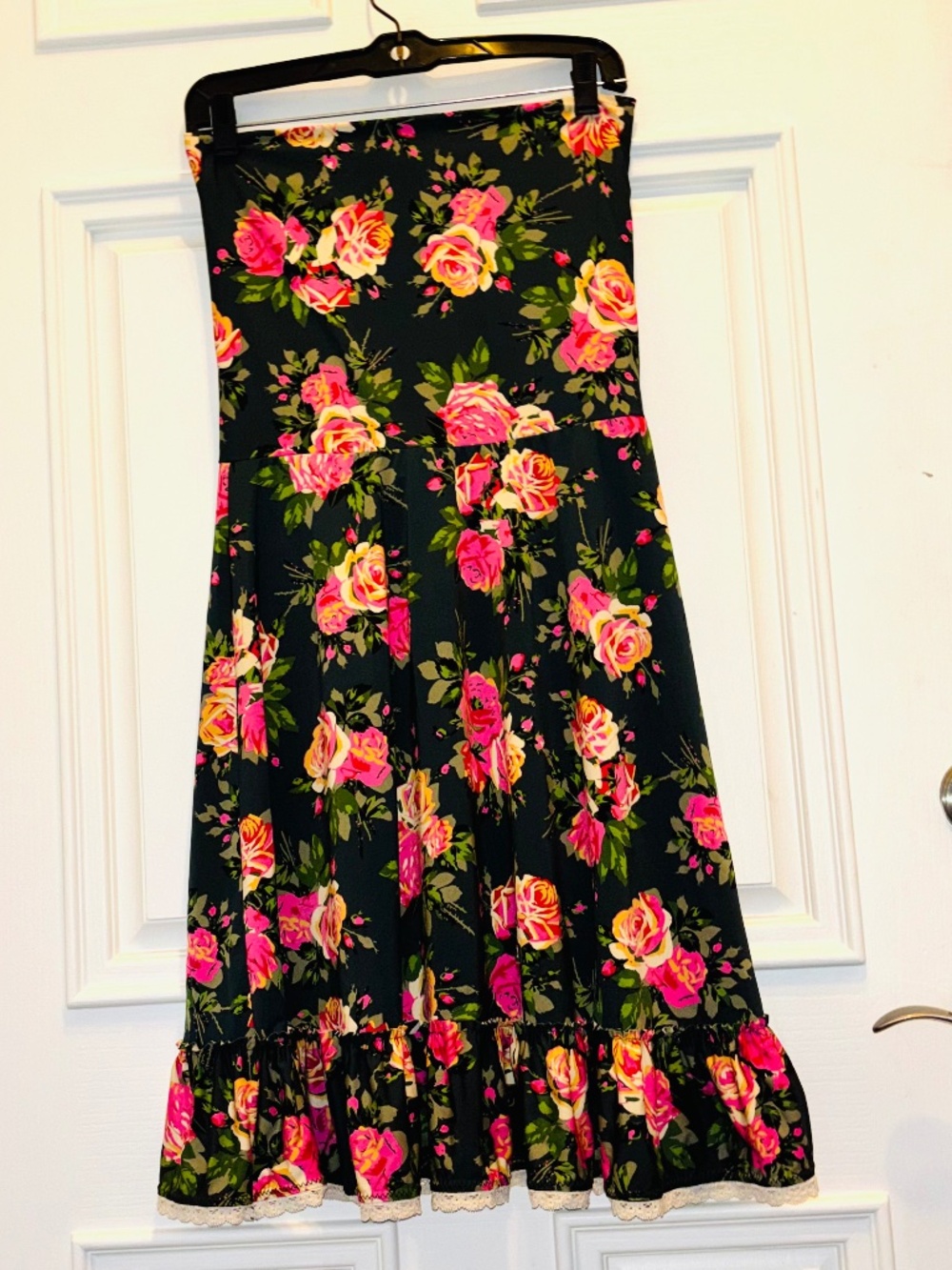 RARE Betsey Johnson Black Tube Dress M w/Pink Roses Lace Trim STRETCHY SwimCVRUP